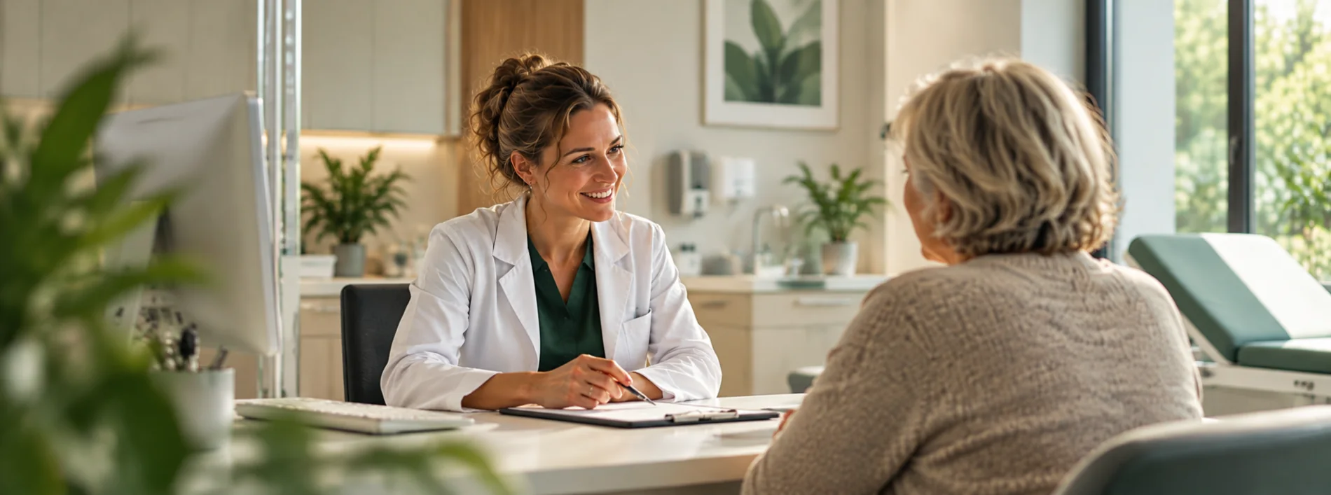 Ärztin im Gespräch mit einer Patientin am Schreibtisch