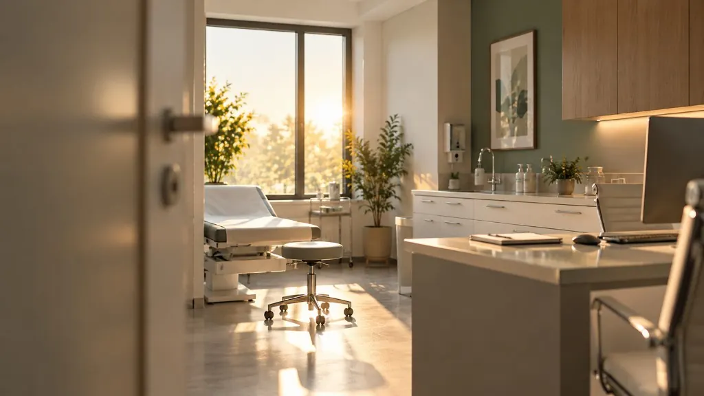Behandlungsraum mit Liege, Schreibtisch und Abendlicht am Fenster